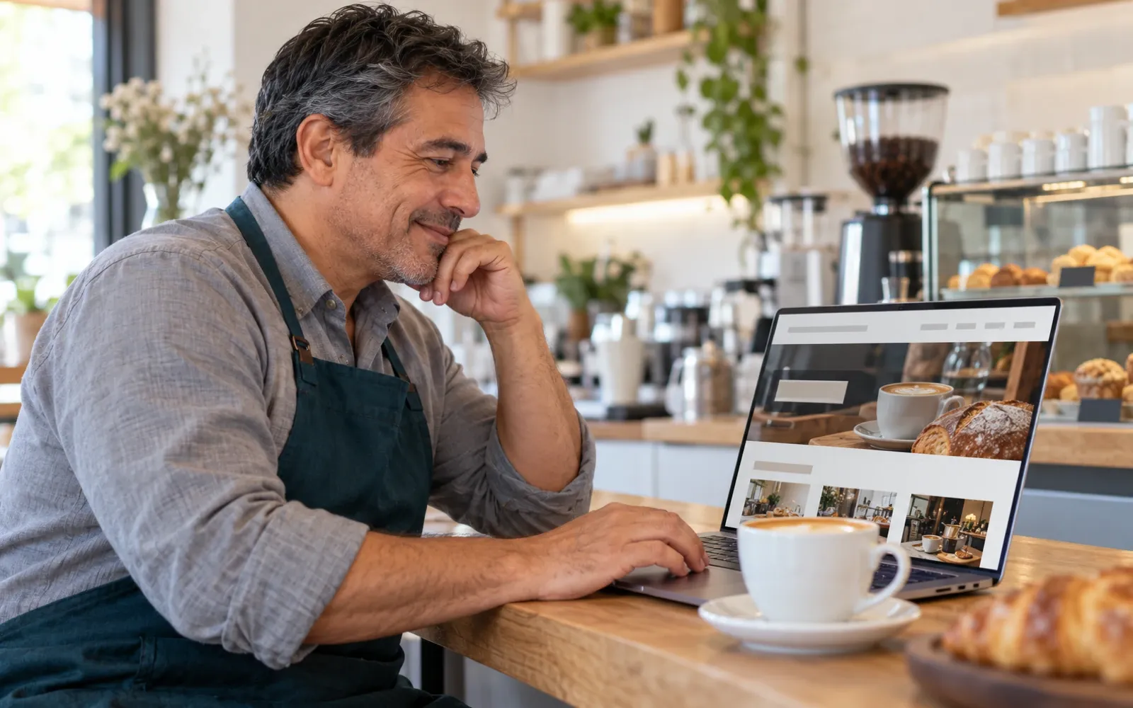 Dueña de un café revisando su sitio web en un notebook.