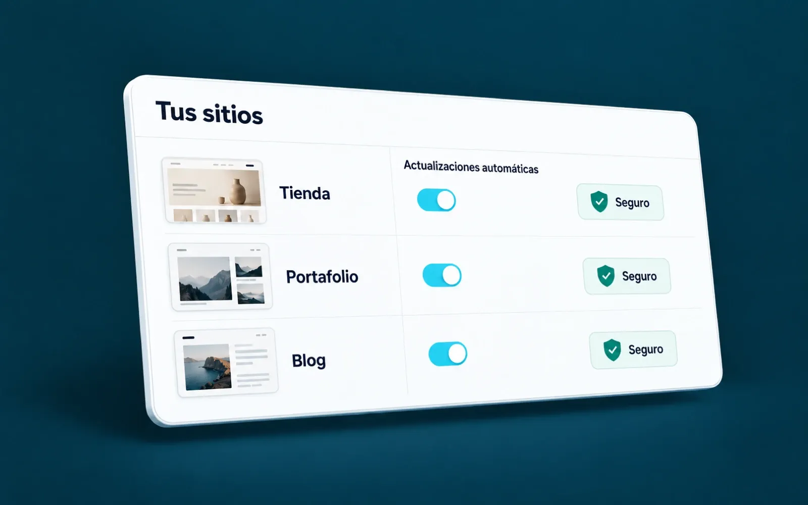 Panel de WP Toolkit con tres sitios WordPress, cada uno con sus actualizaciones automáticas activas y su estado de seguridad en verde.