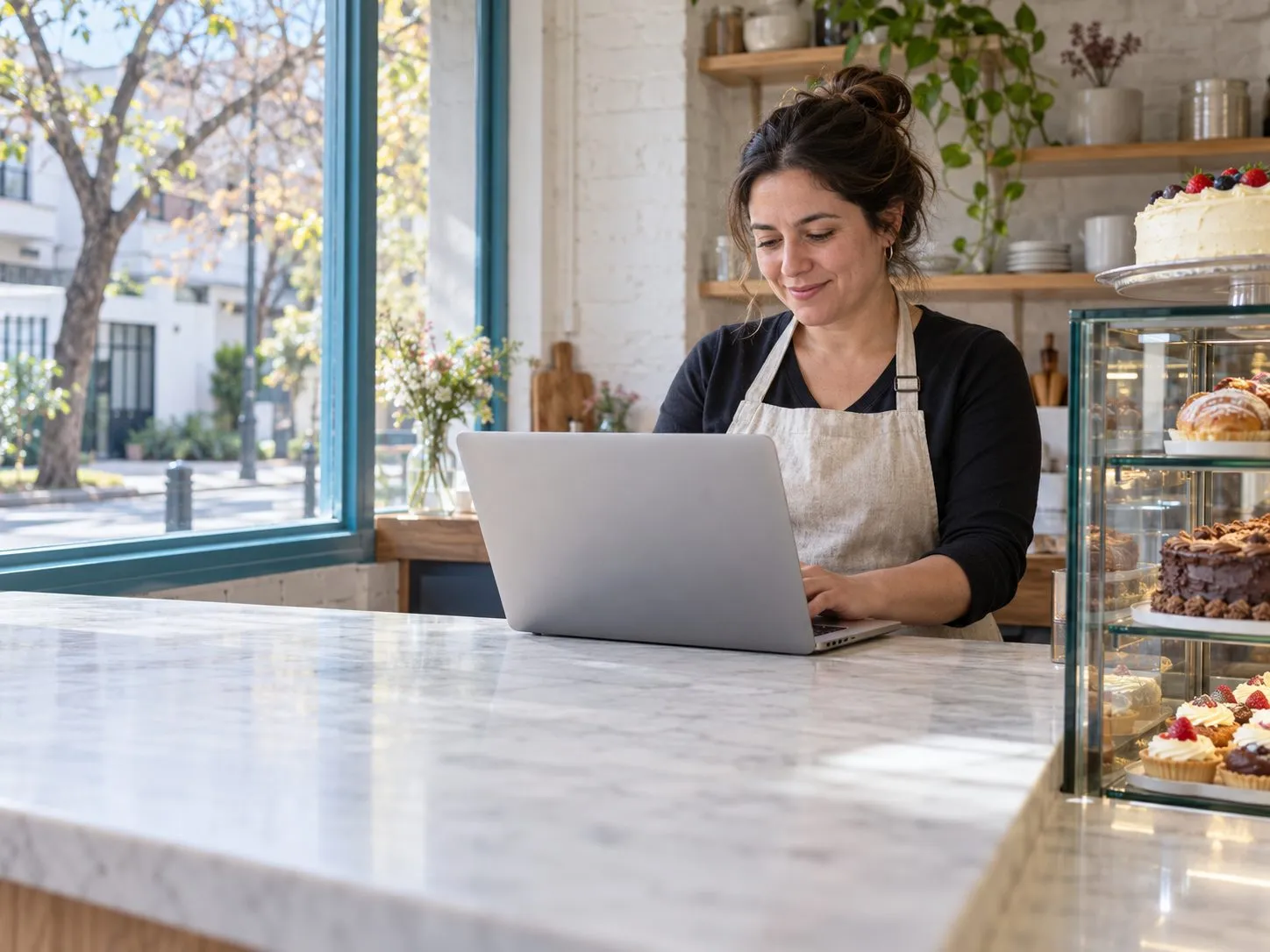 Dueña de una pastelería crea el sitio web de su negocio en su notebook, sobre el mesón y junto a la vitrina de tortas.