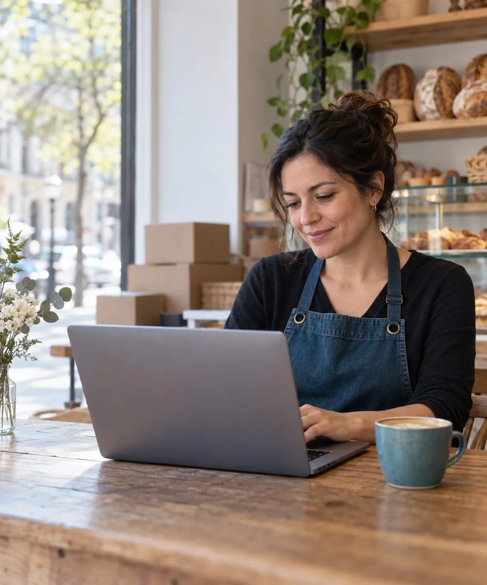 Dueña de una panadería trabaja tranquila en su notebook mientras su sitio se cambia de hosting.