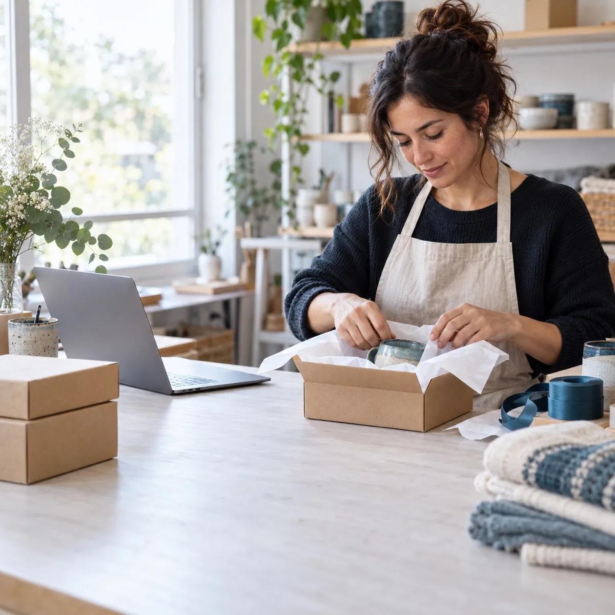 Dueña de una tienda online envuelve una taza de cerámica en papel de seda para despachar un pedido, junto a su notebook.